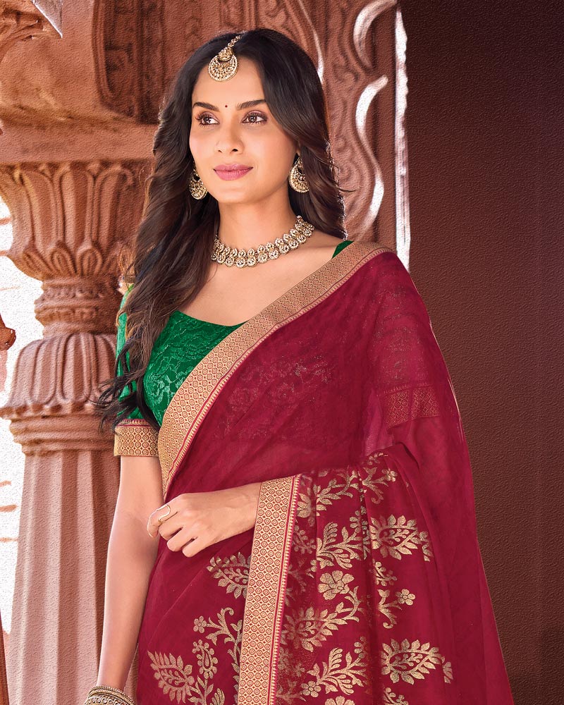 Vishal Prints Vivid Burgundy Designer Georgette Saree With Foil Print And Zari Border