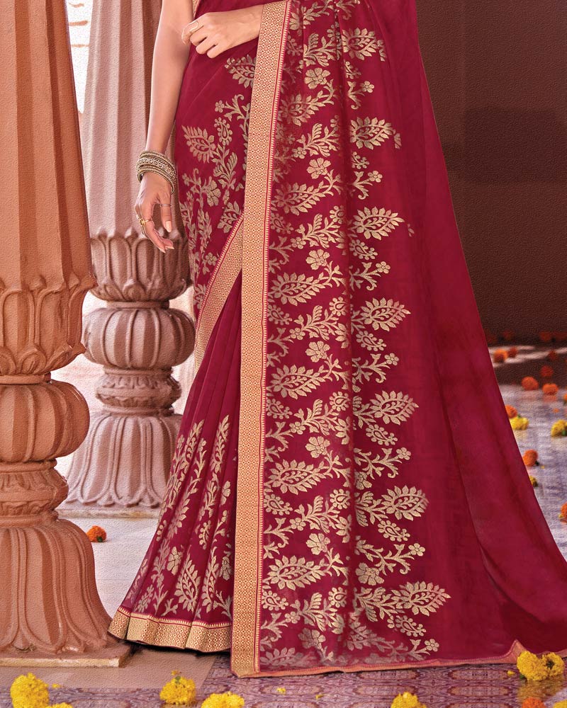Vishal Prints Vivid Burgundy Designer Georgette Saree With Foil Print And Zari Border