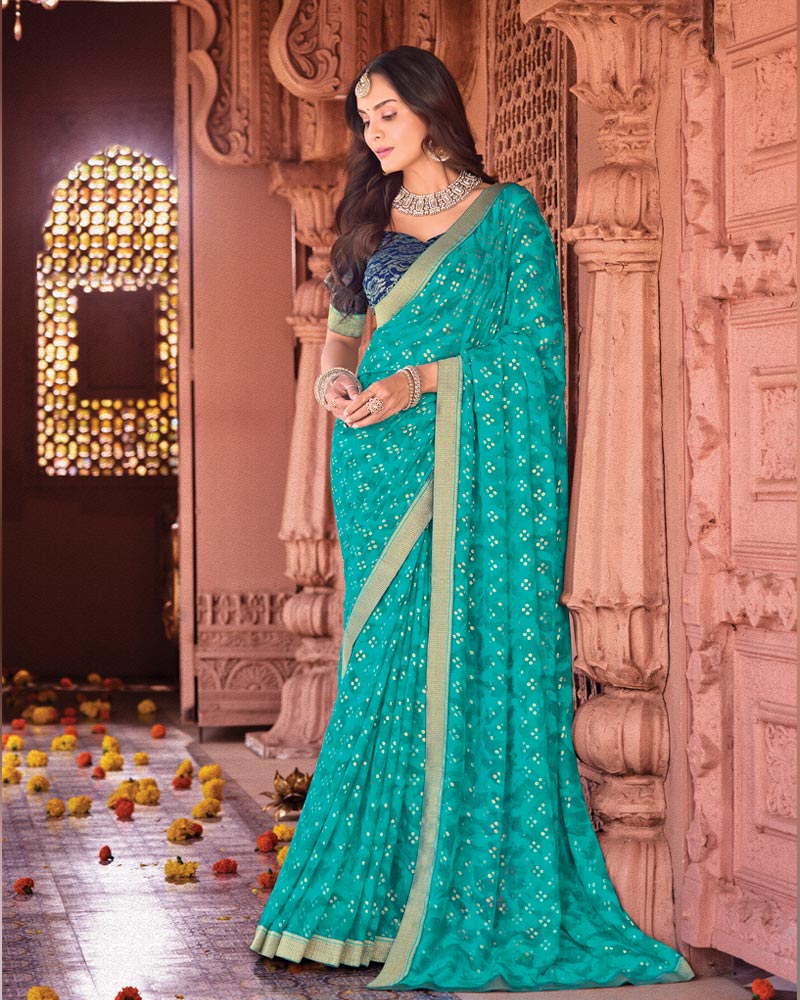 Vishal Prints Bondi Blue Designer Georgette Saree With Foil Print And Zari Border