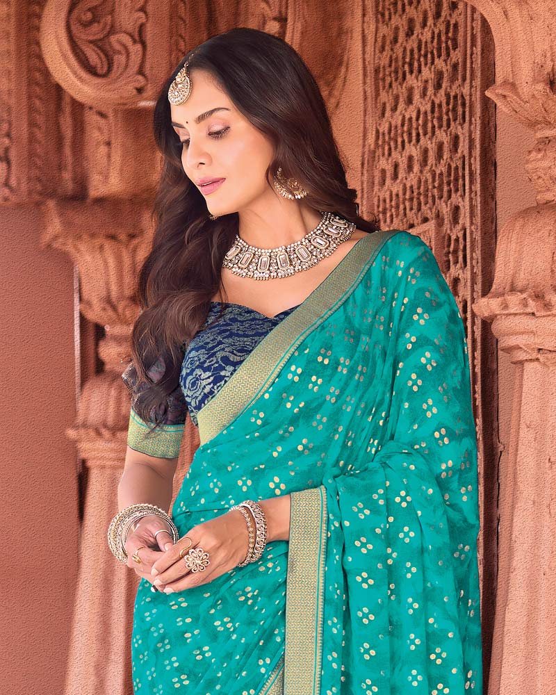 Vishal Prints Bondi Blue Designer Georgette Saree With Foil Print And Zari Border