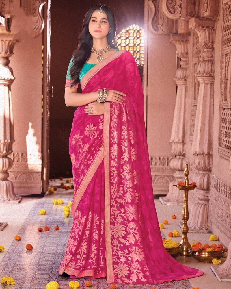 Vishal Prints Bright Maroon Designer Georgette Saree With Foil Print And Zari Border