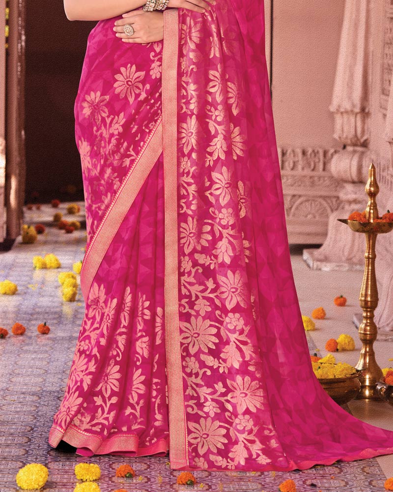 Vishal Prints Bright Maroon Designer Georgette Saree With Foil Print And Zari Border