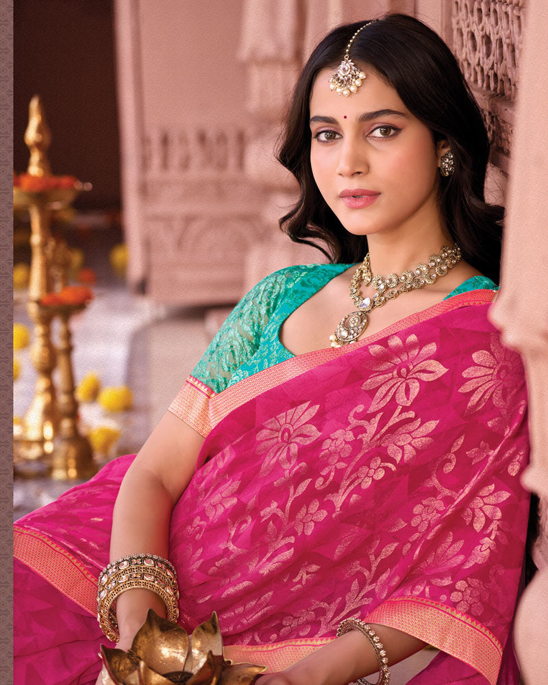 Vishal Prints Bright Maroon Designer Georgette Saree With Foil Print And Zari Border