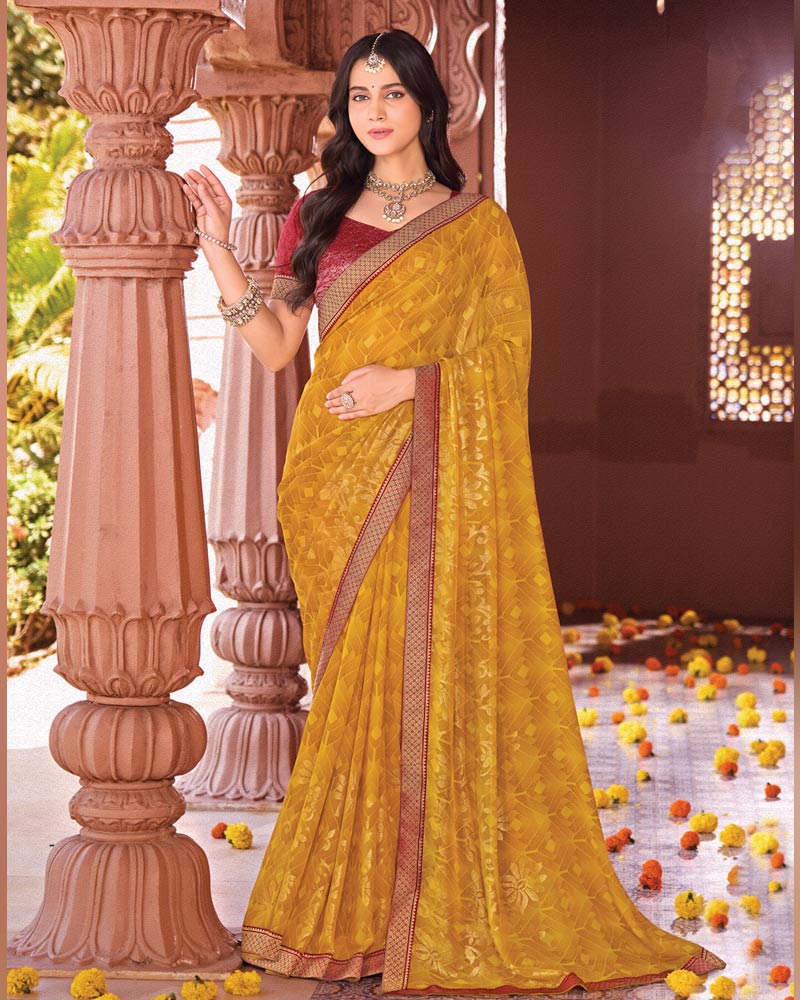 Vishal Prints Brownish Mustard Designer Georgette Saree With Foil Print And Zari Border