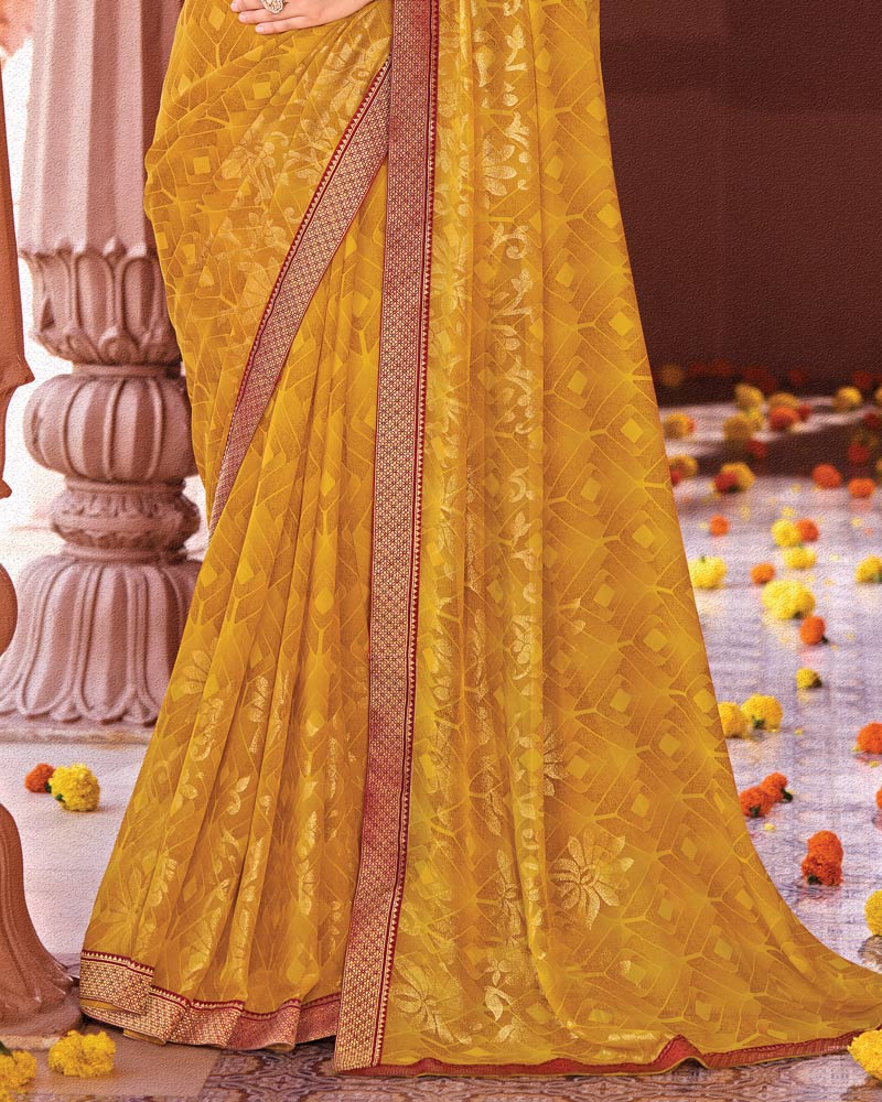 Vishal Prints Brownish Mustard Designer Georgette Saree With Foil Print And Zari Border