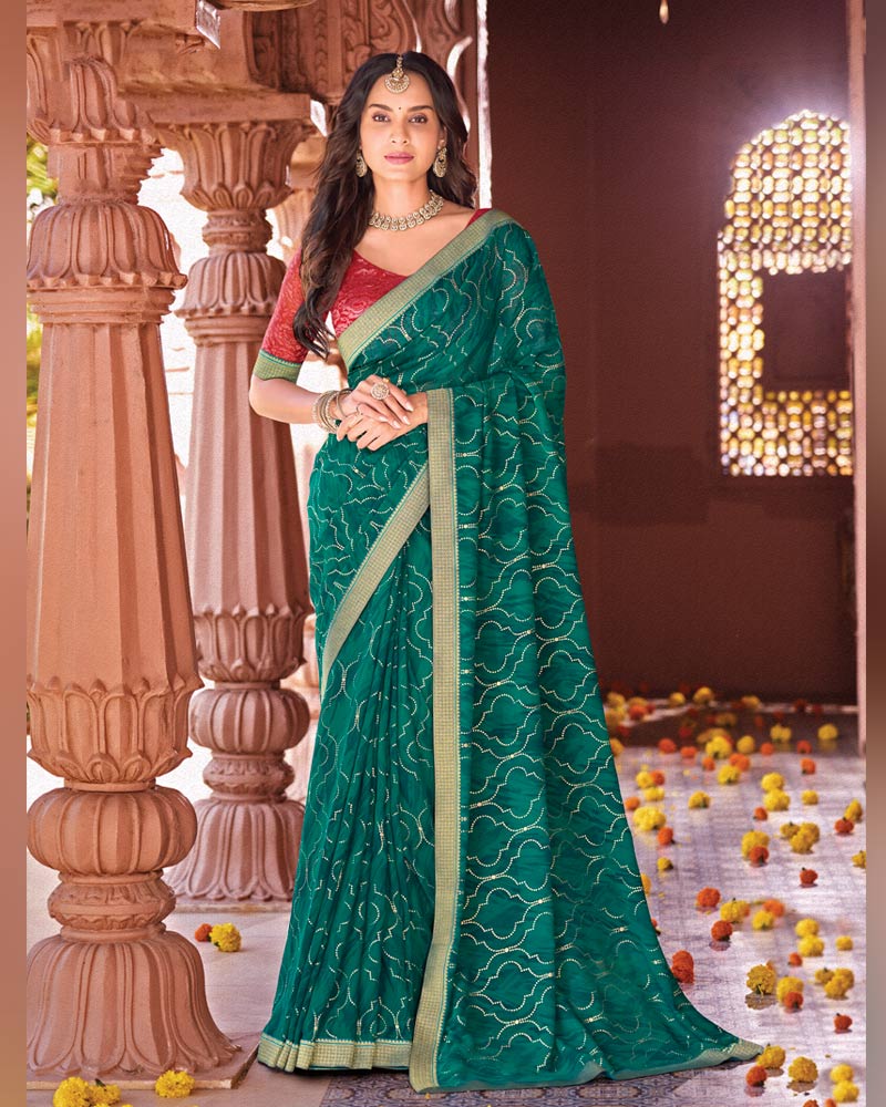 Vishal Prints Deep Teal Green Designer Georgette Saree With Foil Print And Zari Border