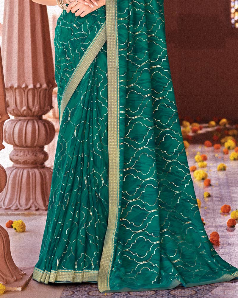 Vishal Prints Deep Teal Green Designer Georgette Saree With Foil Print And Zari Border