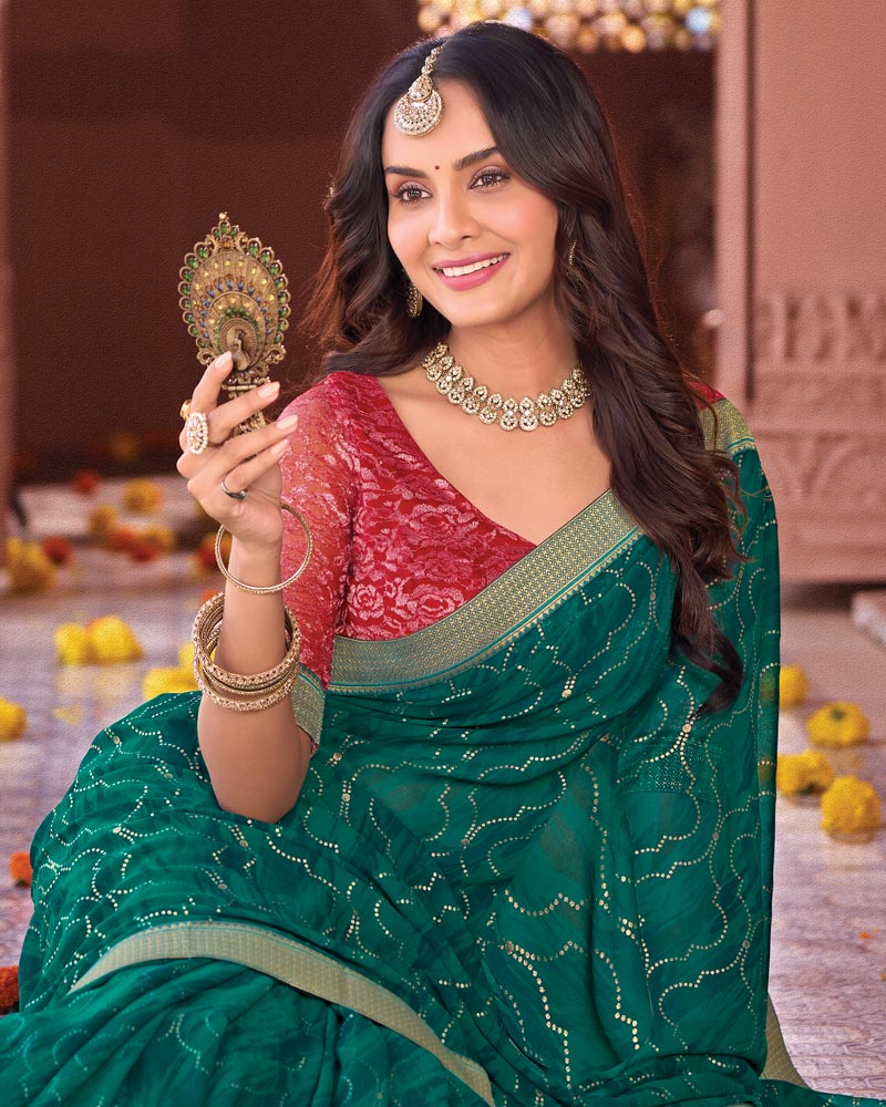 Vishal Prints Deep Teal Green Designer Georgette Saree With Foil Print And Zari Border