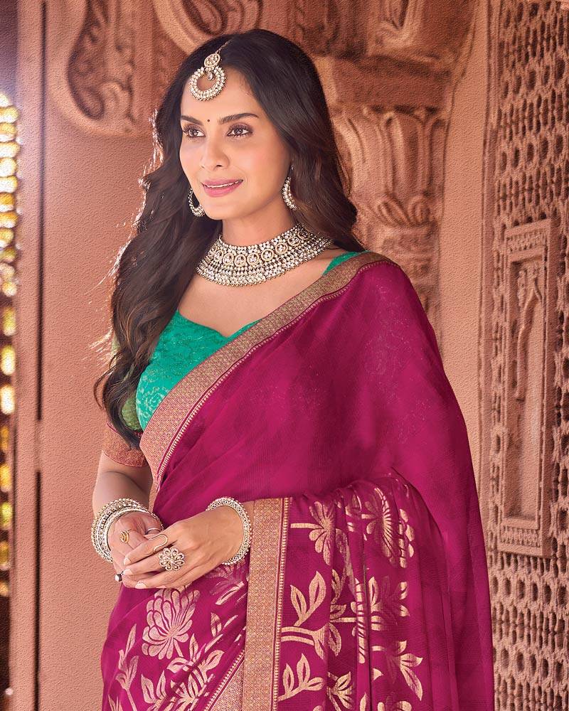 Vishal Prints Purplish Red Designer Georgette Saree With Foil Print And Zari Border