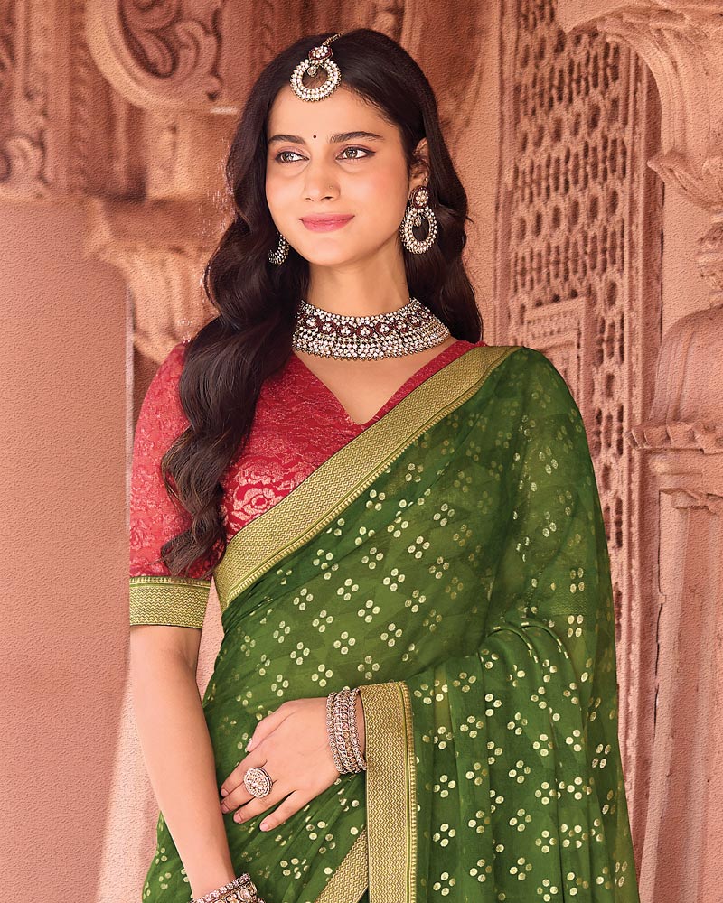 Vishal Prints Dark Mehandi Green Designer Georgette Saree With Foil Print And Zari Border