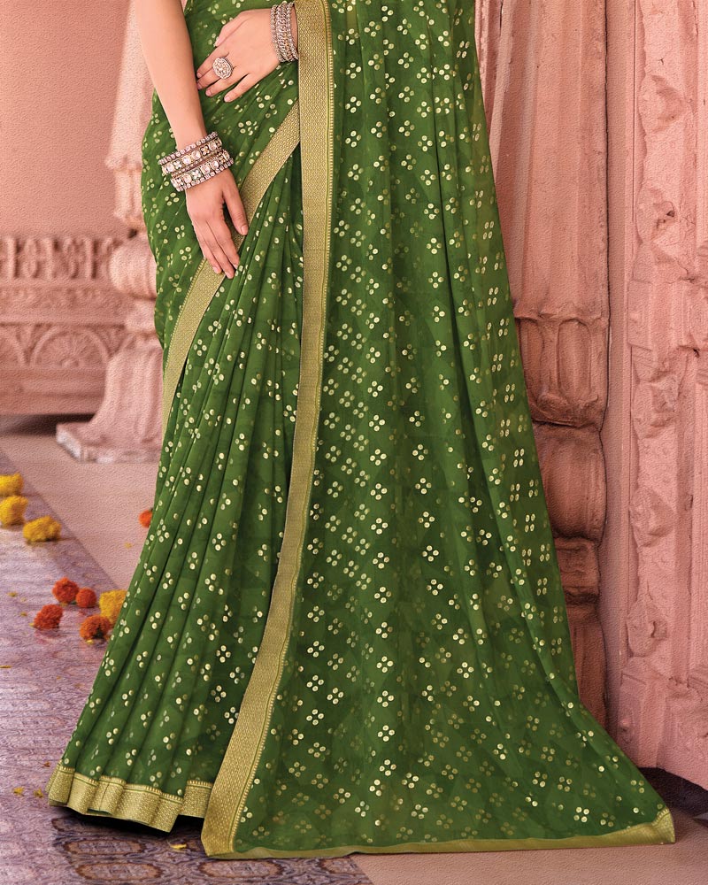 Vishal Prints Dark Mehandi Green Designer Georgette Saree With Foil Print And Zari Border
