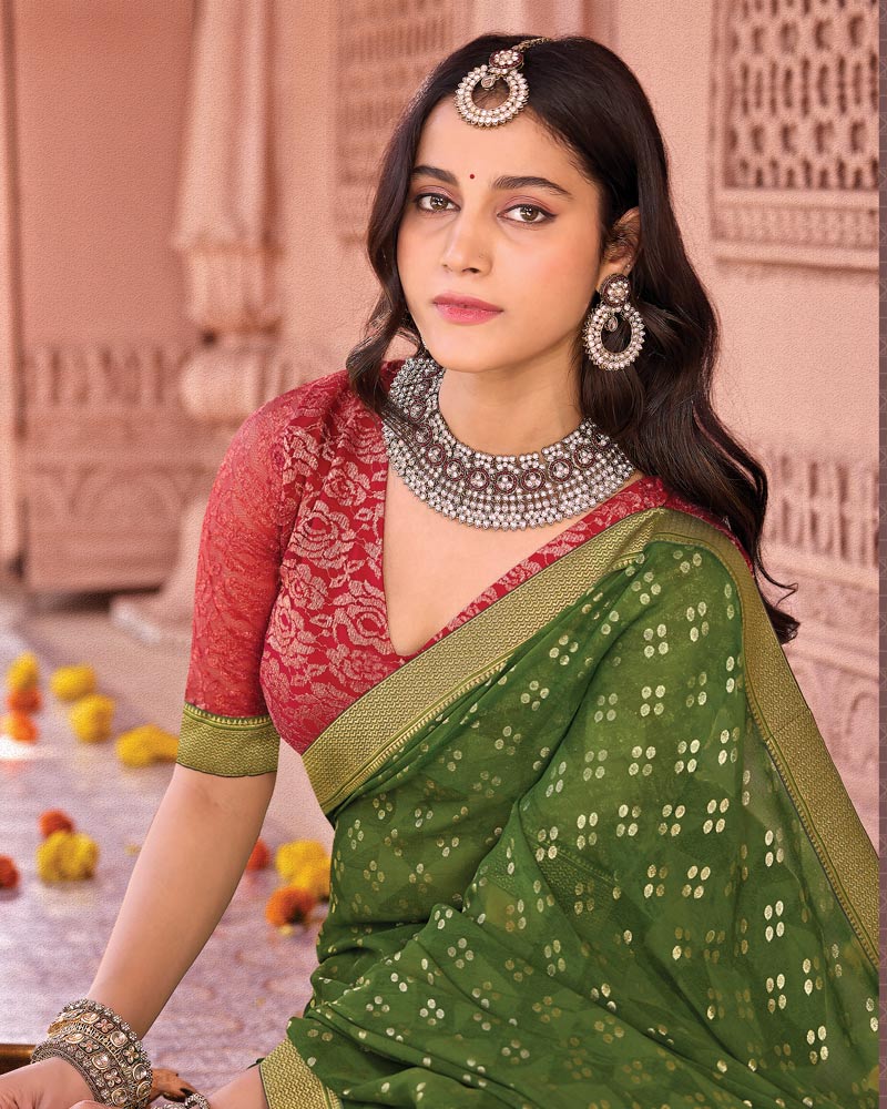 Vishal Prints Dark Mehandi Green Designer Georgette Saree With Foil Print And Zari Border