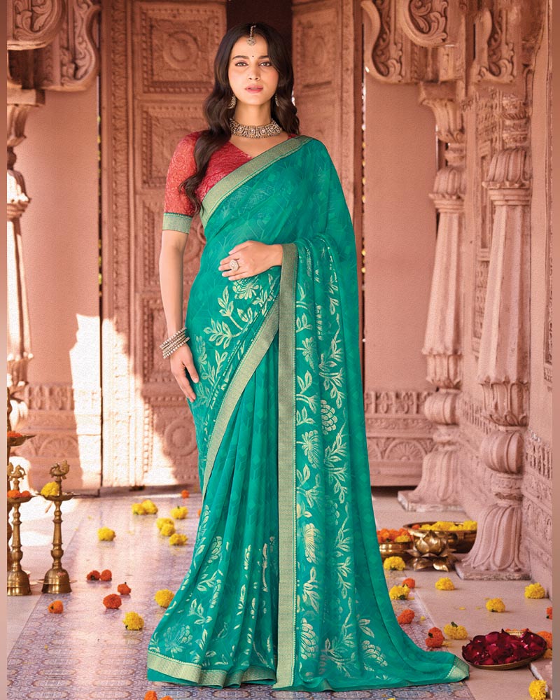 Vishal Prints Persian Green Designer Georgette Saree With Foil Print And Zari Border