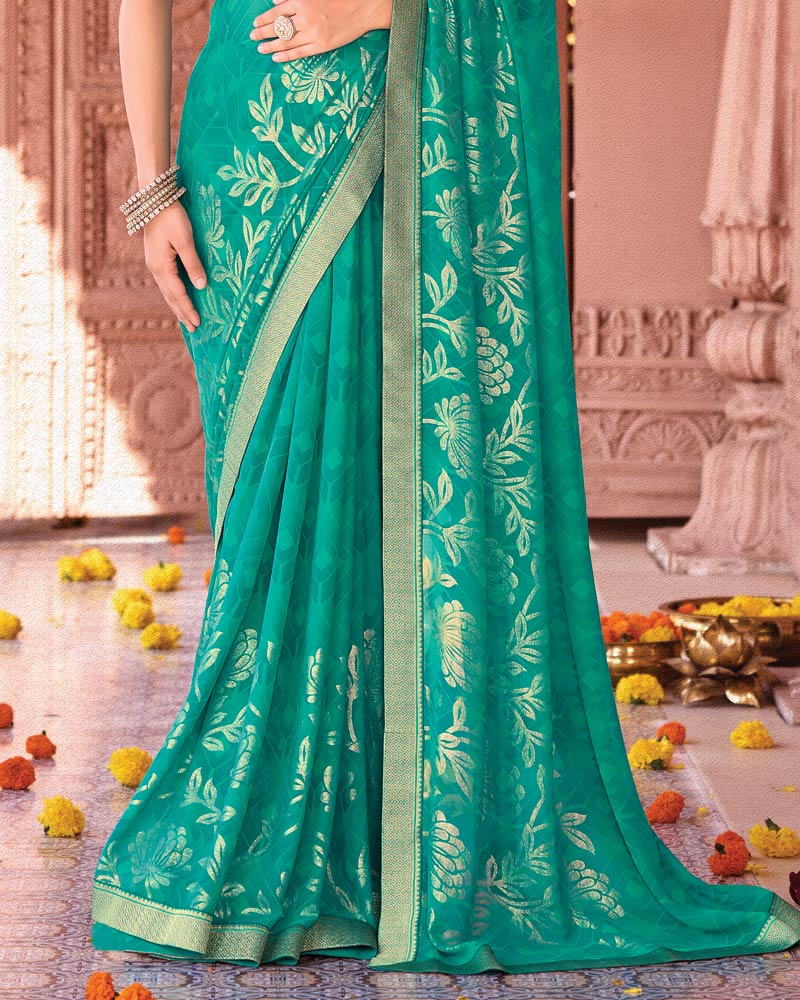 Vishal Prints Persian Green Designer Georgette Saree With Foil Print And Zari Border