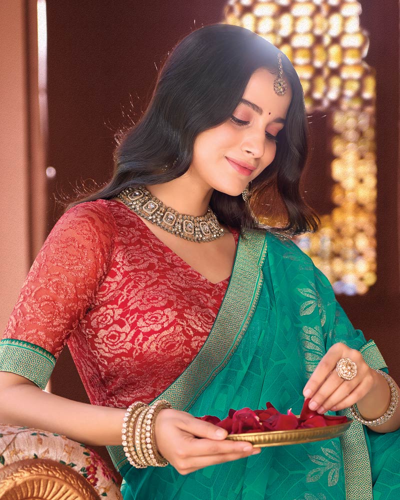 Vishal Prints Persian Green Designer Georgette Saree With Foil Print And Zari Border