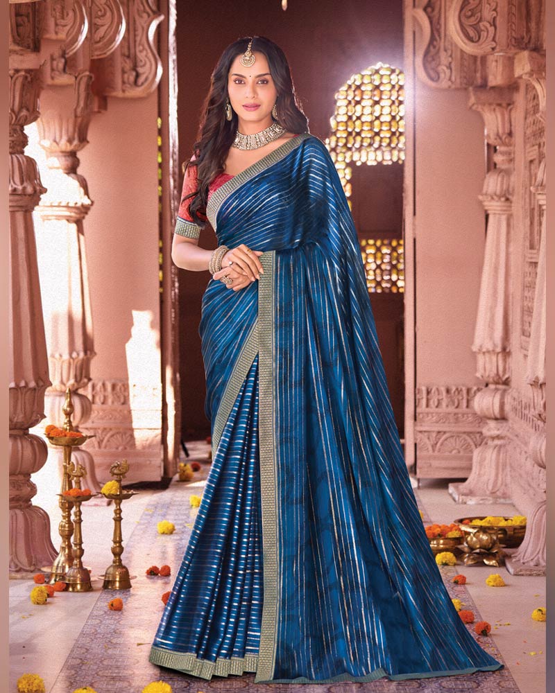 Vishal Prints Dark Venice Blue Designer Chiffon Saree With Foil Print And Zari Border