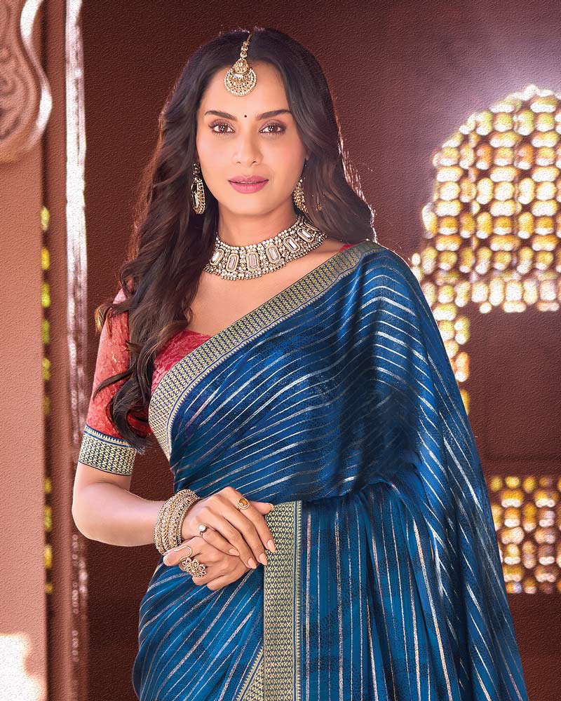 Vishal Prints Dark Venice Blue Designer Chiffon Saree With Foil Print And Zari Border