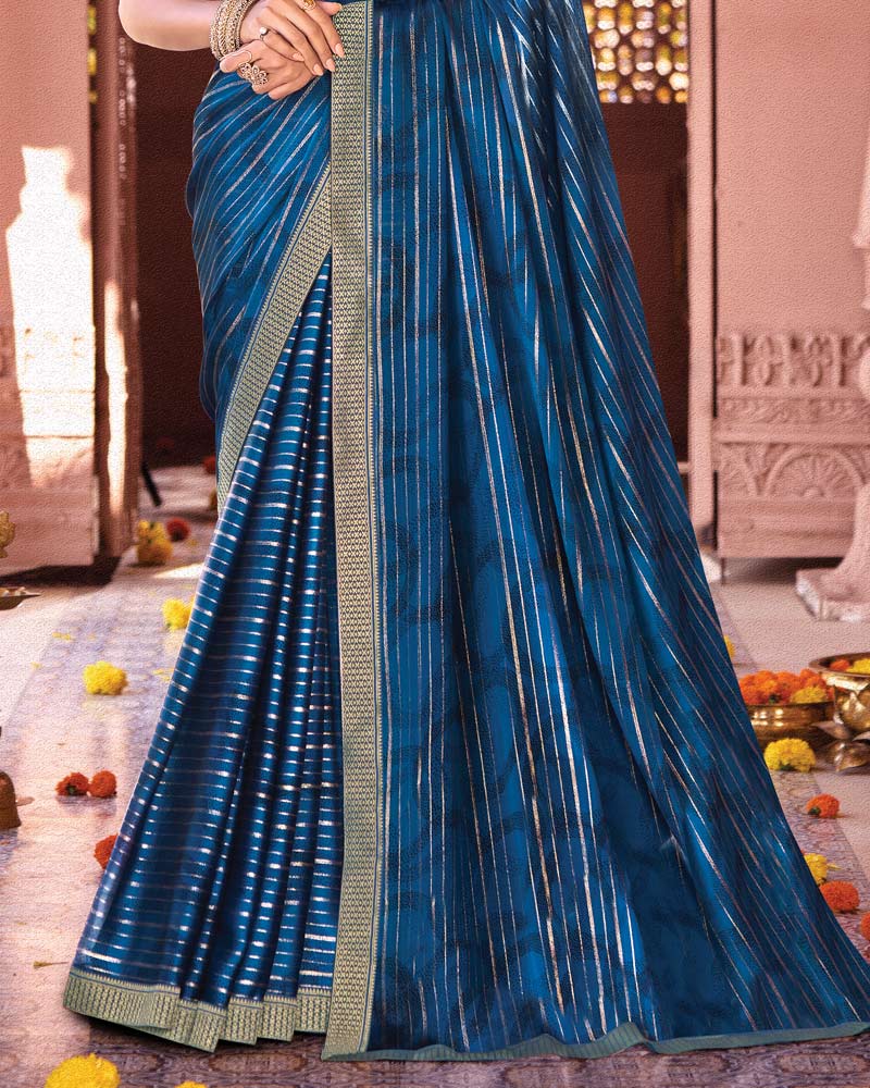 Vishal Prints Dark Venice Blue Designer Chiffon Saree With Foil Print And Zari Border