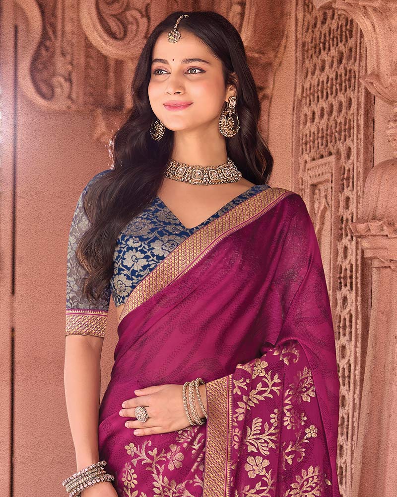 Vishal Prints Pansy Purple Designer Chiffon Saree With Foil Print And Zari Border