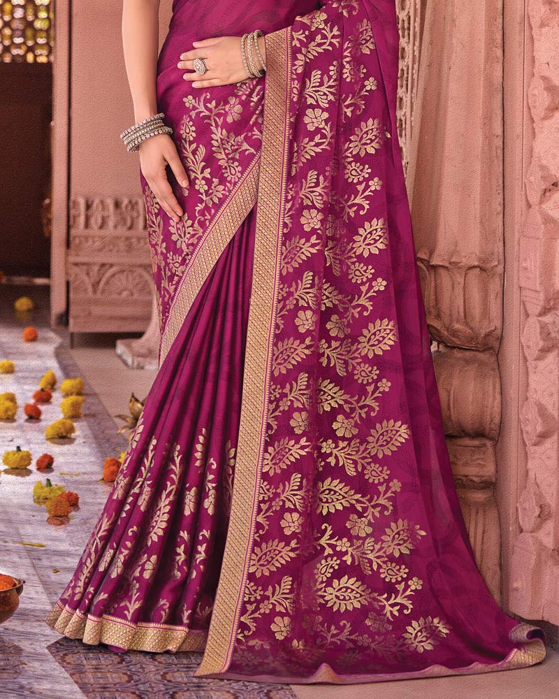 Vishal Prints Pansy Purple Designer Chiffon Saree With Foil Print And Zari Border