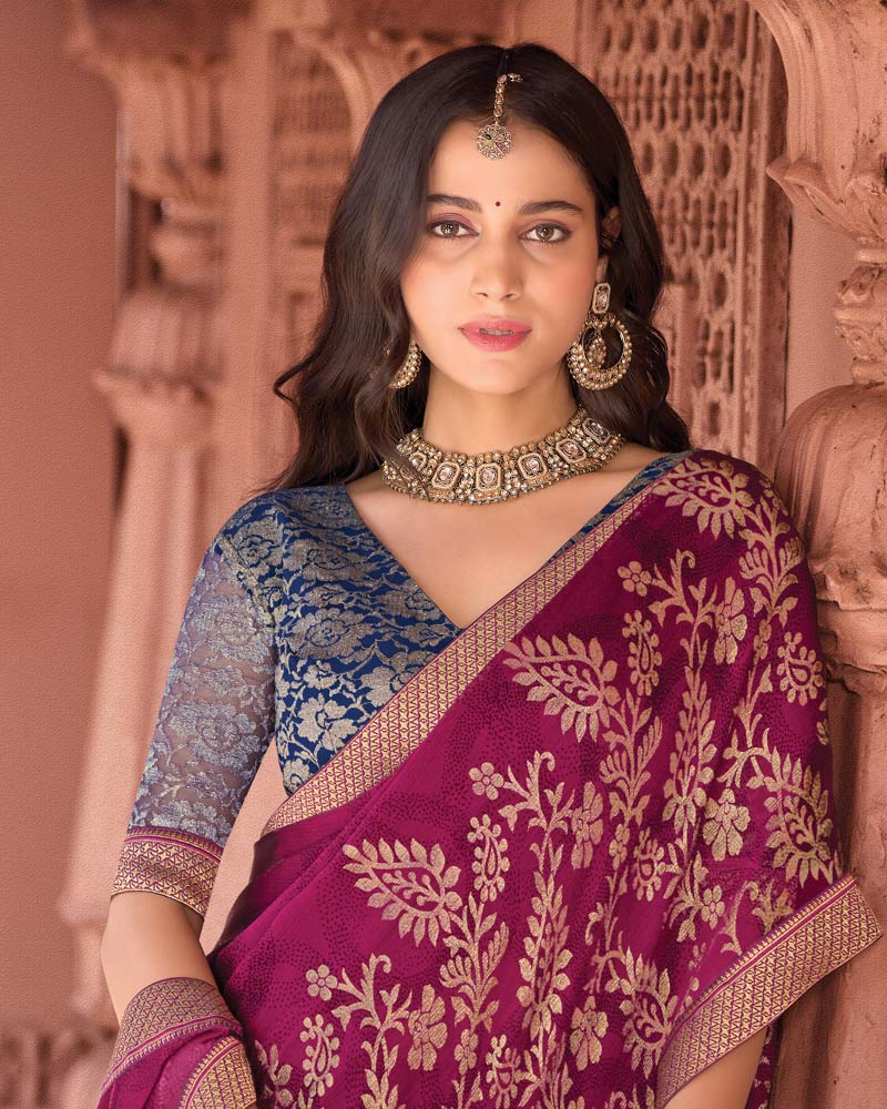 Vishal Prints Pansy Purple Designer Chiffon Saree With Foil Print And Zari Border