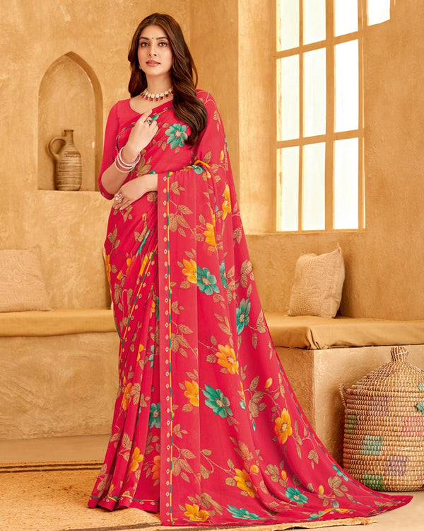 Vishal Prints Red Pink Printed Georgette Saree With Fancy Border