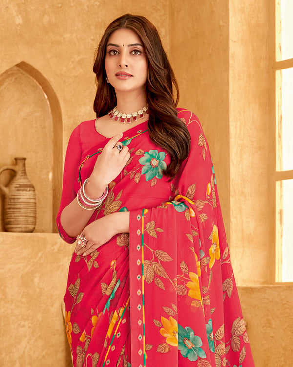 Vishal Prints Red Pink Printed Georgette Saree With Fancy Border