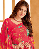 Vishal Prints Red Pink Printed Georgette Saree With Fancy Border