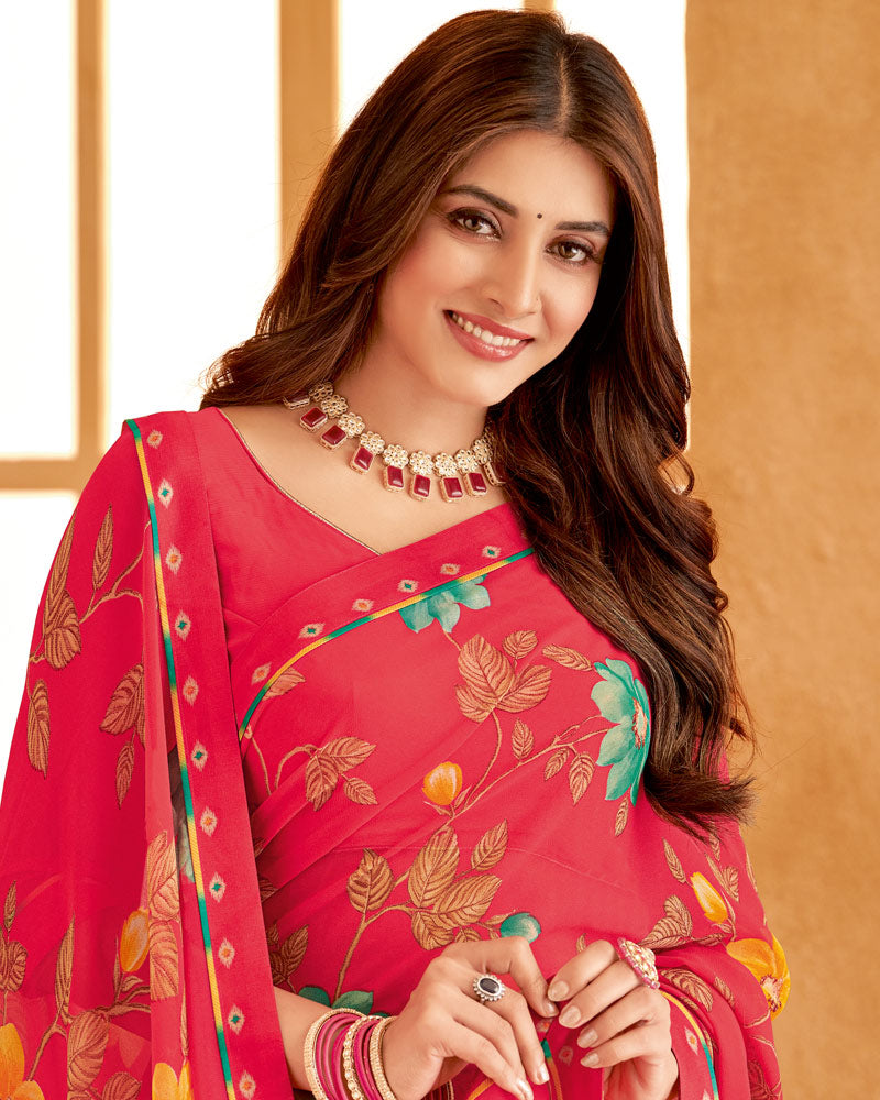 Vishal Prints Red Pink Printed Georgette Saree With Fancy Border