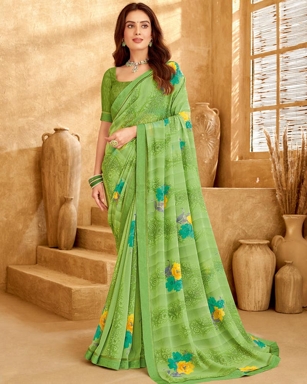 Vishal Prints Olivine Green Printed Georgette Saree With Fancy Border