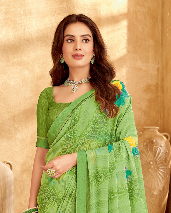Vishal Prints Olivine Green Printed Georgette Saree With Fancy Border