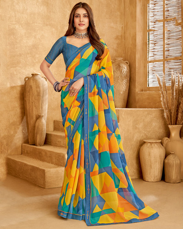 Vishal Prints Ink Blue Printed Georgette Saree With Fancy Border