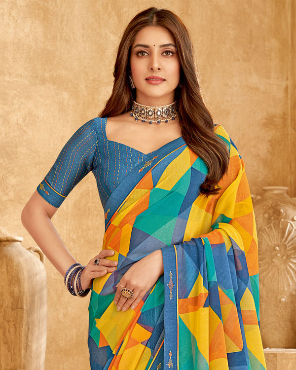 Vishal Prints Ink Blue Printed Georgette Saree With Fancy Border
