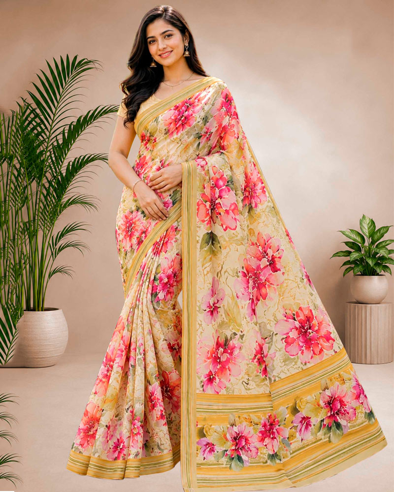 Vishal Prints Cream Floral Digital Print Georgette Saree