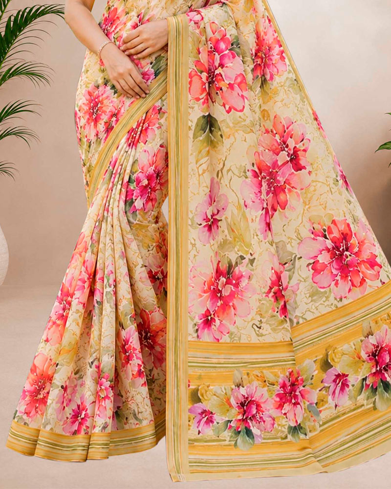 Vishal Prints Cream Floral Digital Print Georgette Saree