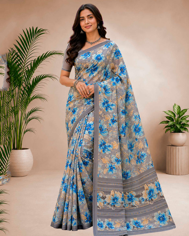 Vishal Prints Greyish Brown Floral Digital Print Georgette Saree