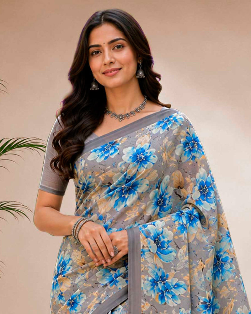 Vishal Prints Greyish Brown Floral Digital Print Georgette Saree