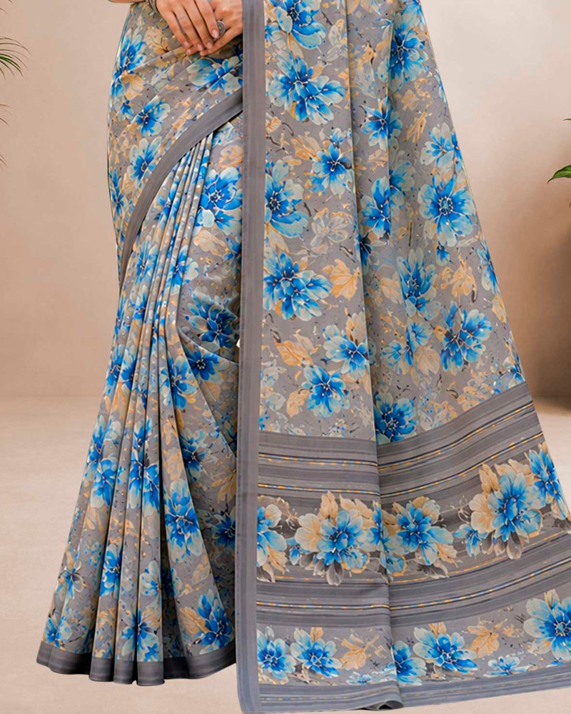Vishal Prints Greyish Brown Floral Digital Print Georgette Saree