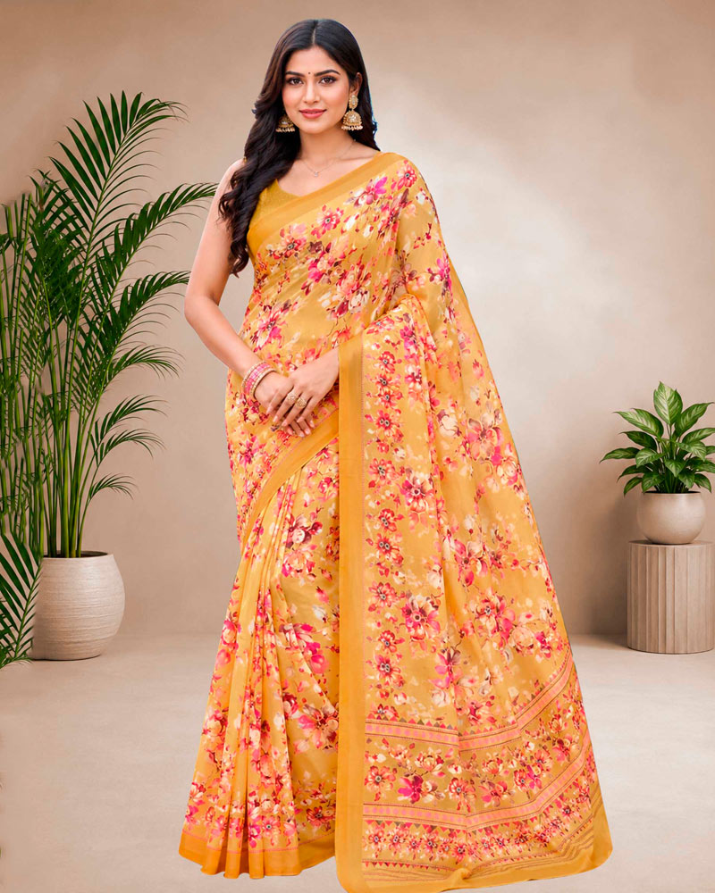 Vishal Prints Light Mustard Floral Digital Print Georgette Saree