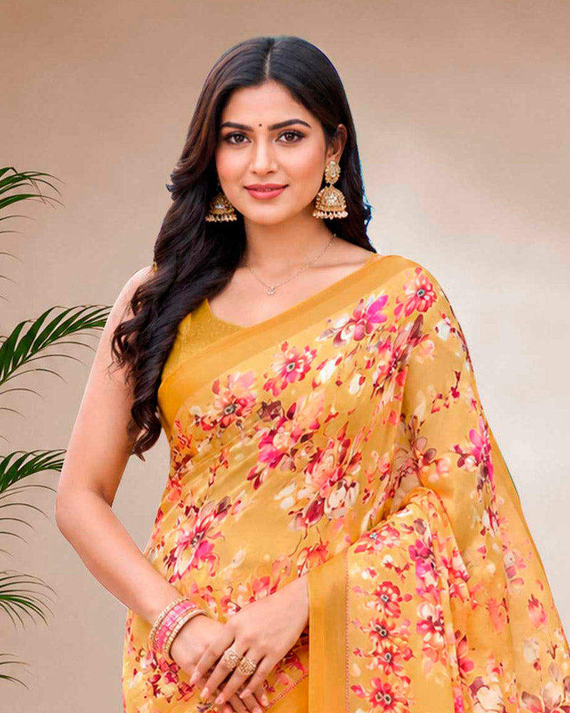 Vishal Prints Light Mustard Floral Digital Print Georgette Saree