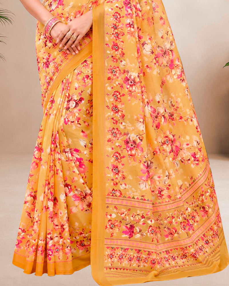 Vishal Prints Light Mustard Floral Digital Print Georgette Saree