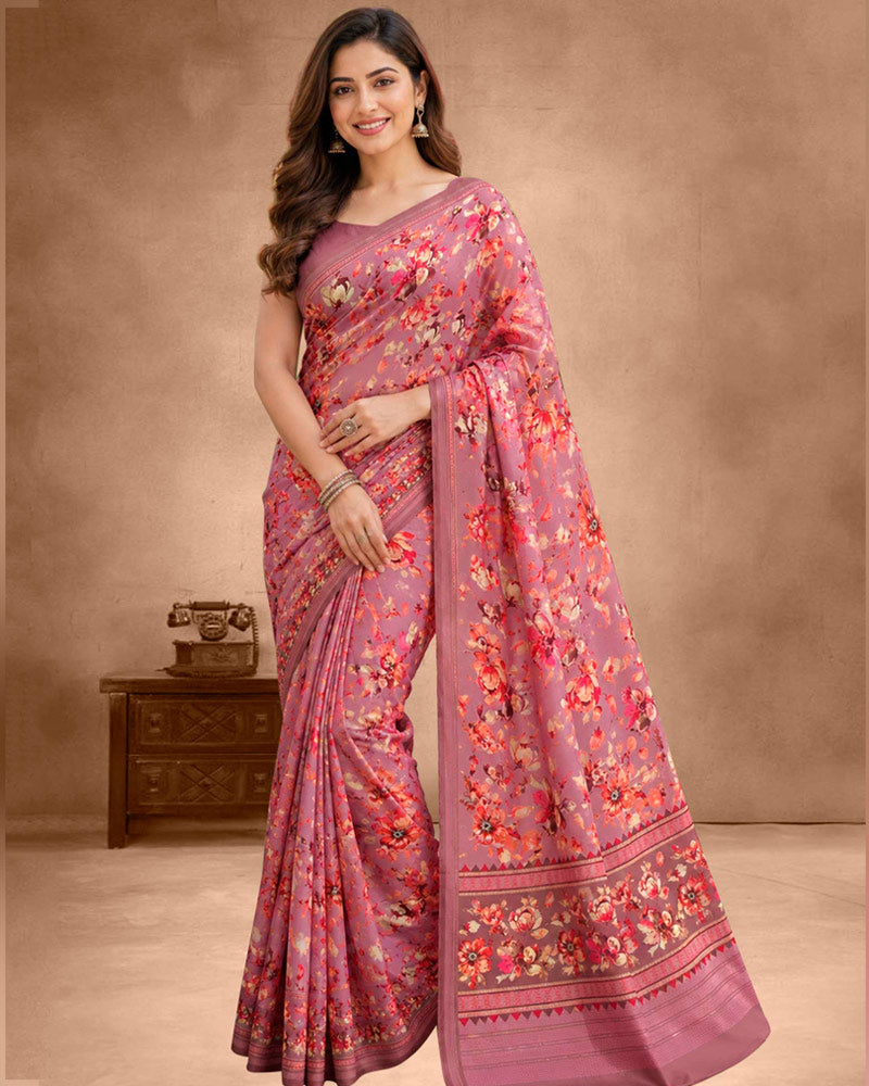 Vishal Prints Dusty Mauve Floral Digital Print Georgette Saree
