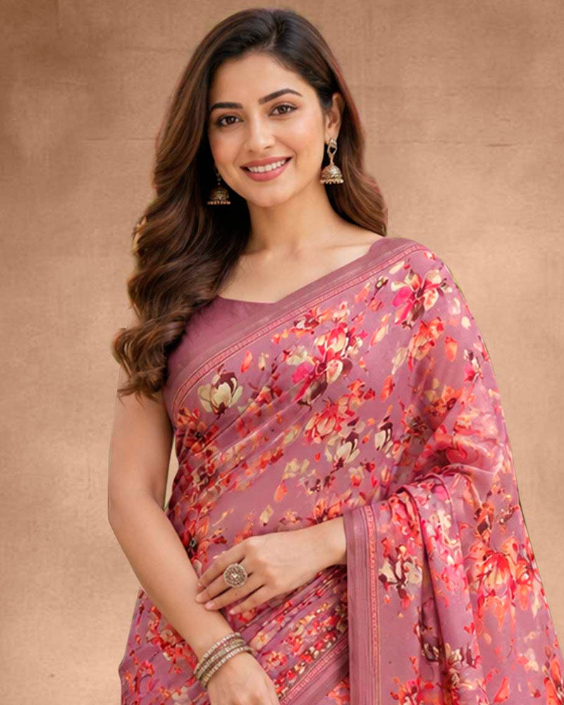 Vishal Prints Dusty Mauve Floral Digital Print Georgette Saree
