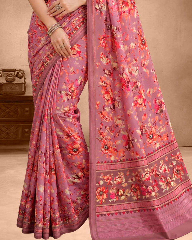 Vishal Prints Dusty Mauve Floral Digital Print Georgette Saree