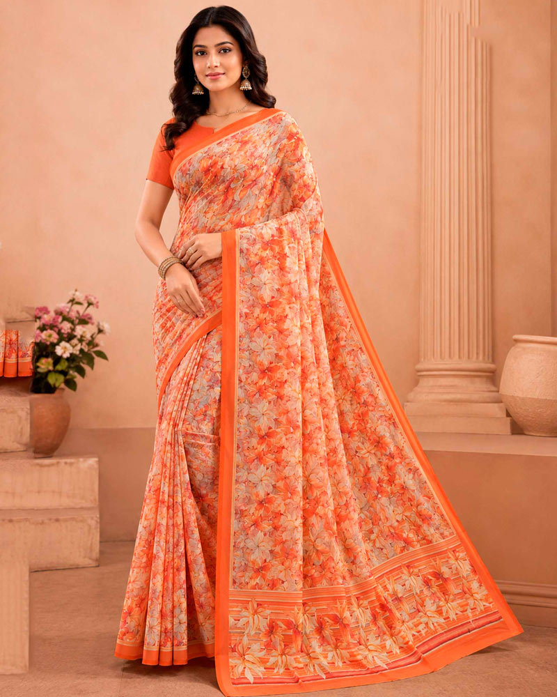 Vishal Prints Creamy Orange Floral Digital Print Georgette Saree