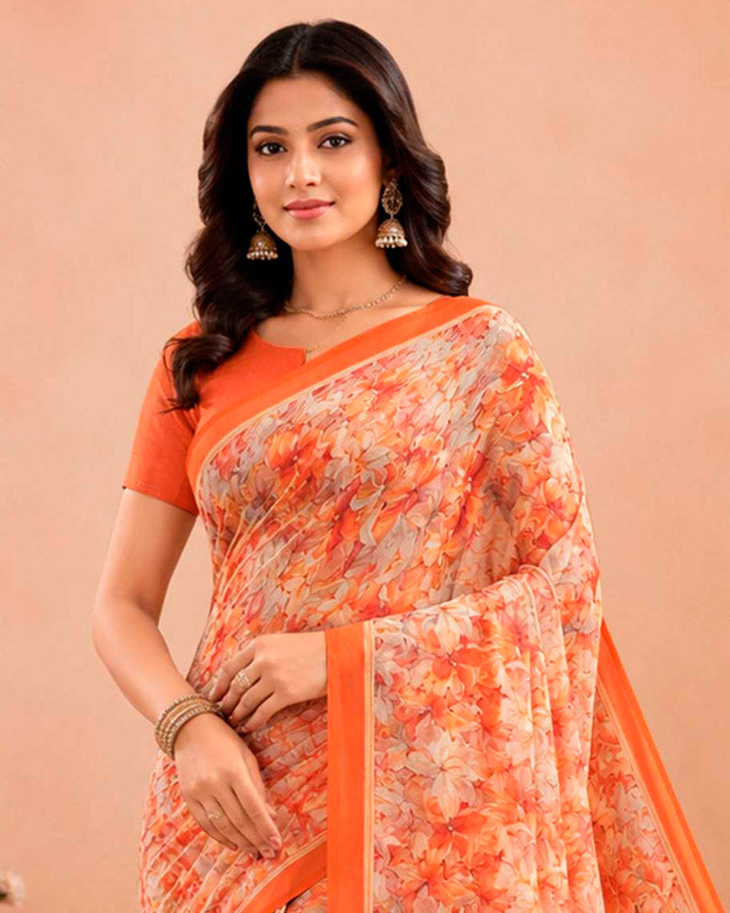 Vishal Prints Creamy Orange Floral Digital Print Georgette Saree