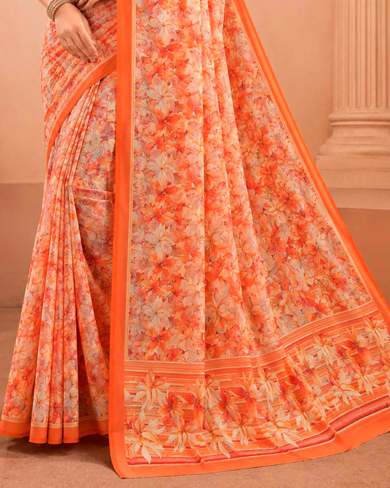 Vishal Prints Creamy Orange Floral Digital Print Georgette Saree