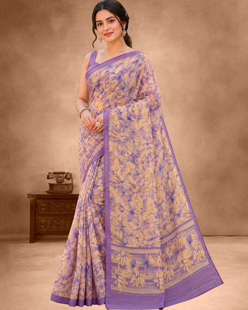 Vishal Prints Cream Purple Floral Digital Print Georgette Saree