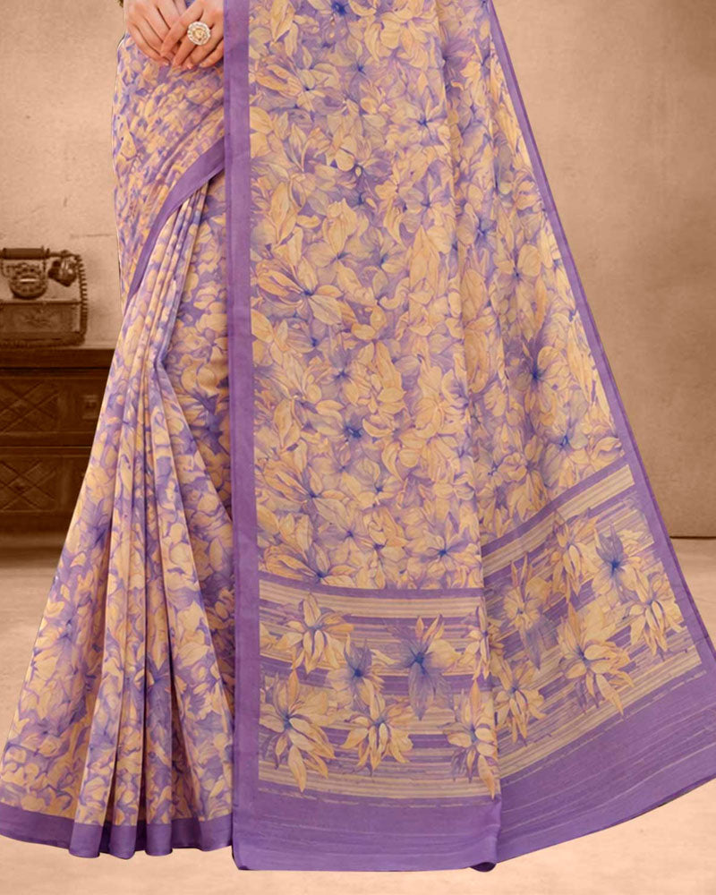 Vishal Prints Cream Purple Floral Digital Print Georgette Saree