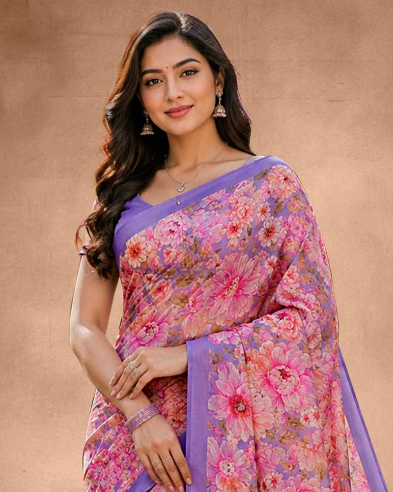 Vishal Prints Pink Lavender Floral Digital Print Georgette Saree